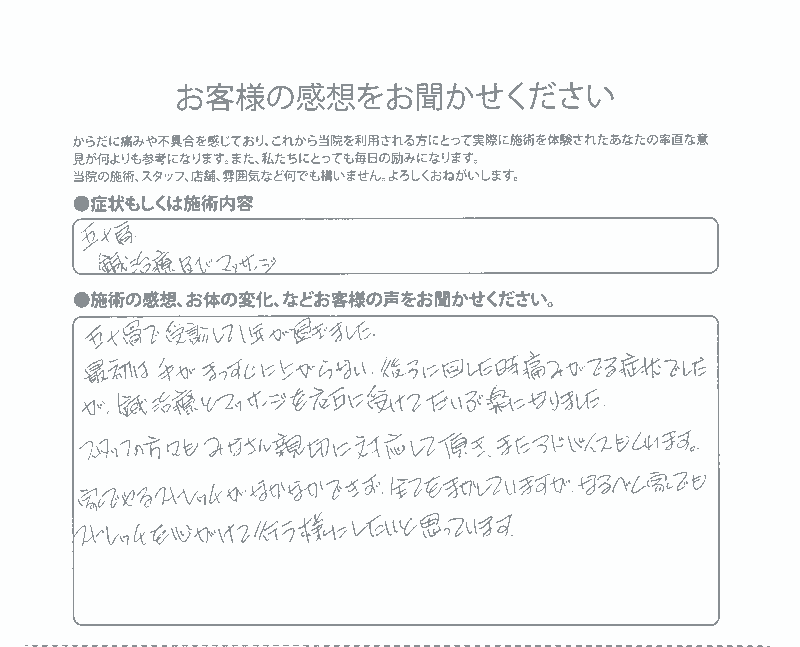 鍼治療とマッサージを交互に受けてだいぶ楽になりました